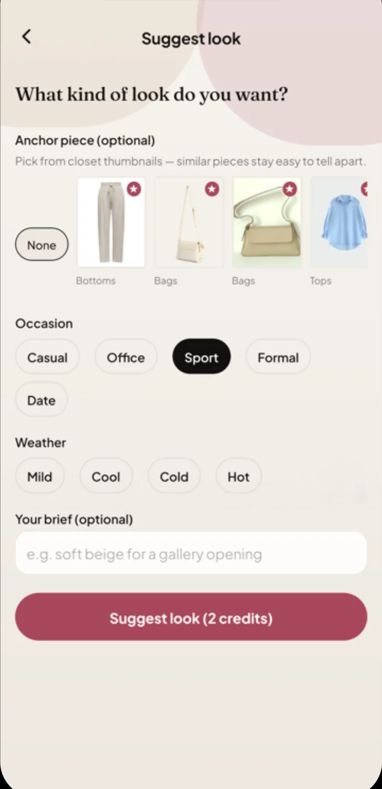 Stiliva suggest-a-look screen with occasion and weather